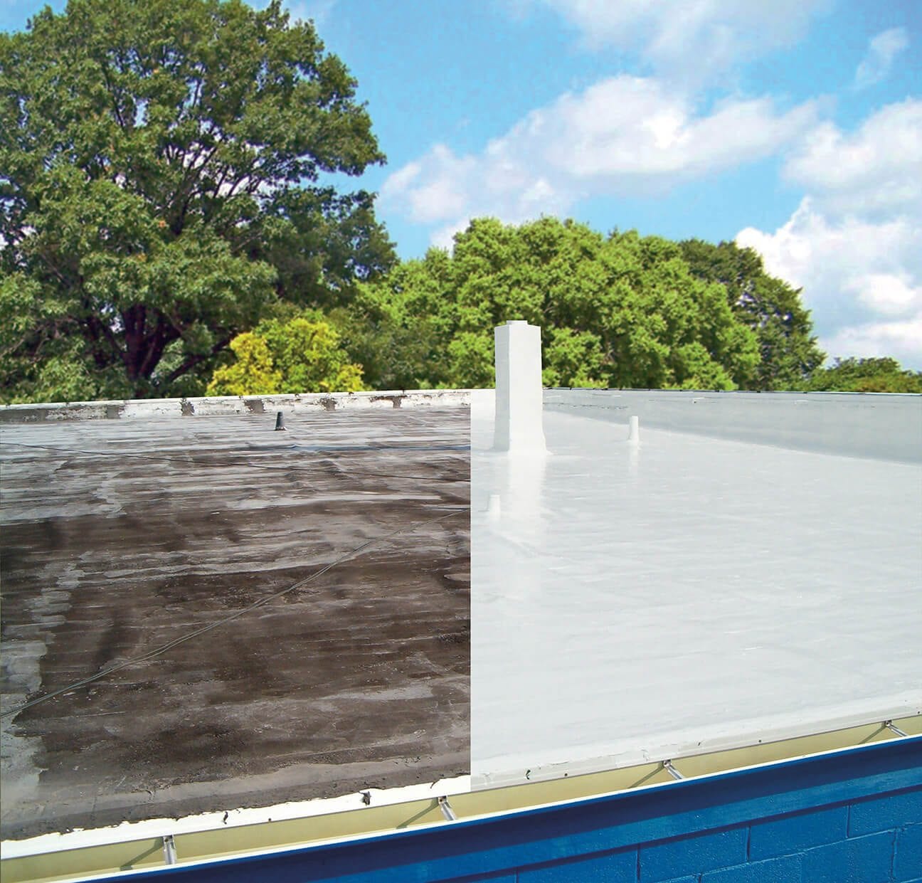 Before and after comparison of a commercial roof with silicone roof coating applied. Waterproof, energy-efficient, and long-lasting roofing solution for Oklahoma buildings.